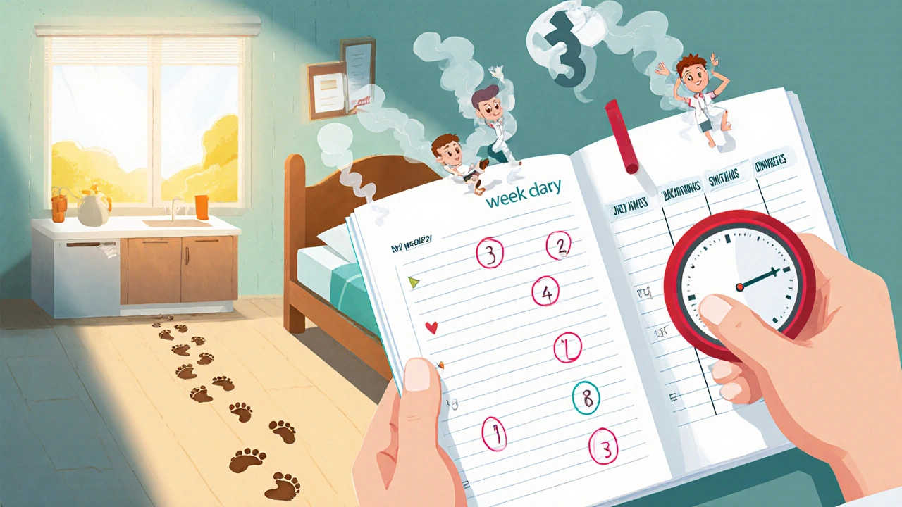 A pain diary and calendar show progress over weeks as side effects fade and daily life improves.