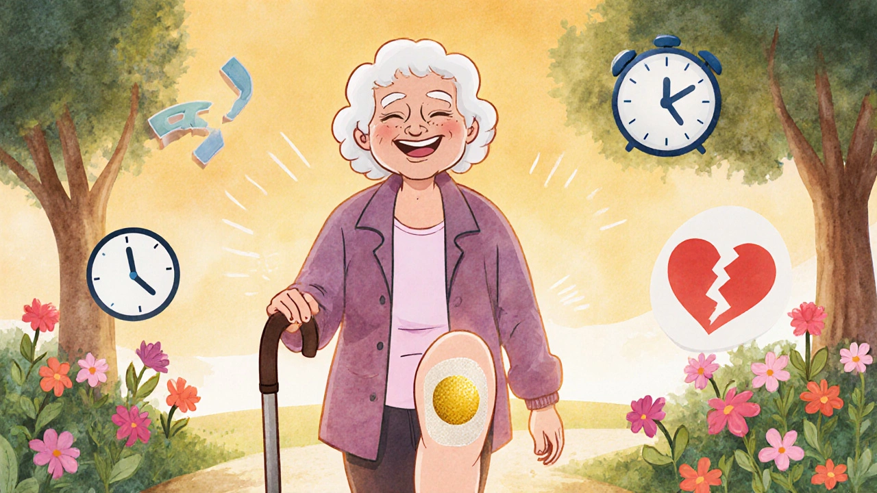 An elderly woman walking comfortably in a park with a pain patch on her knee, symbols of relief around her.