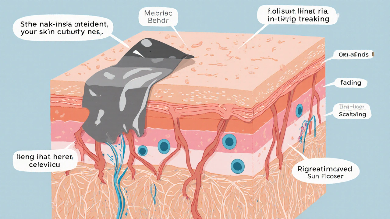 Cross-section of skin showing cell turnover, collagen growth, and fading sun damage under tretinoin treatment.
