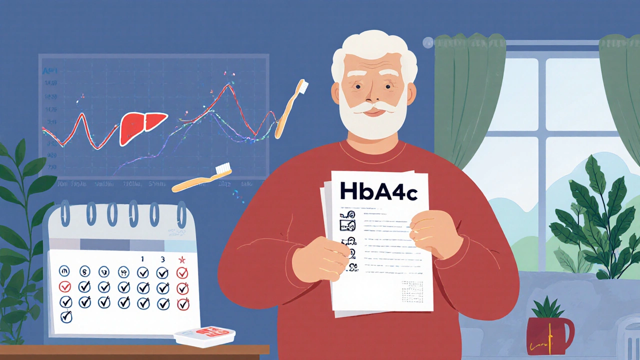 Man holding improved HbA1c results, pill box beside toothbrush, daily progress marked on calendar.
