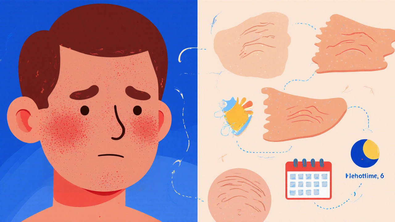 Side-by-side skin transformation over six months, from irritated to smooth and glowing.