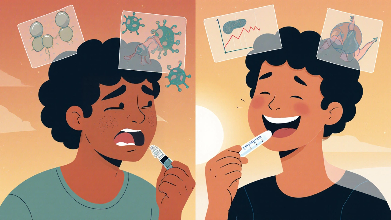 Split illustration: person switching from insulin injection to oral pill, with biological effects shown visually.