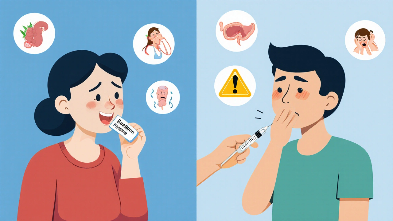 A patient taking oral GLP-1 medication versus receiving an injection, both experiencing identical gastrointestinal side effects.