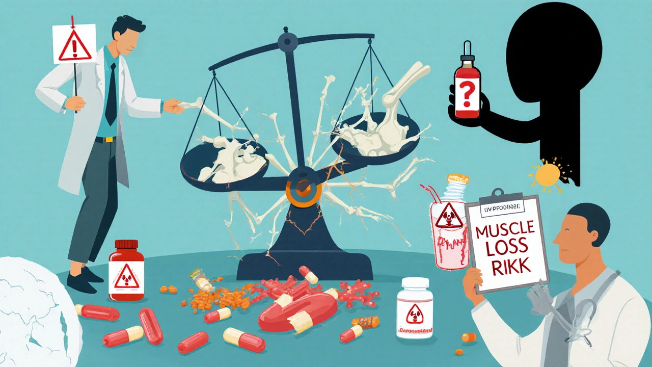 A scale showing extreme weight loss but revealing muscle and bone loss underneath, with a doctor and unverified compounded drug vial nearby.