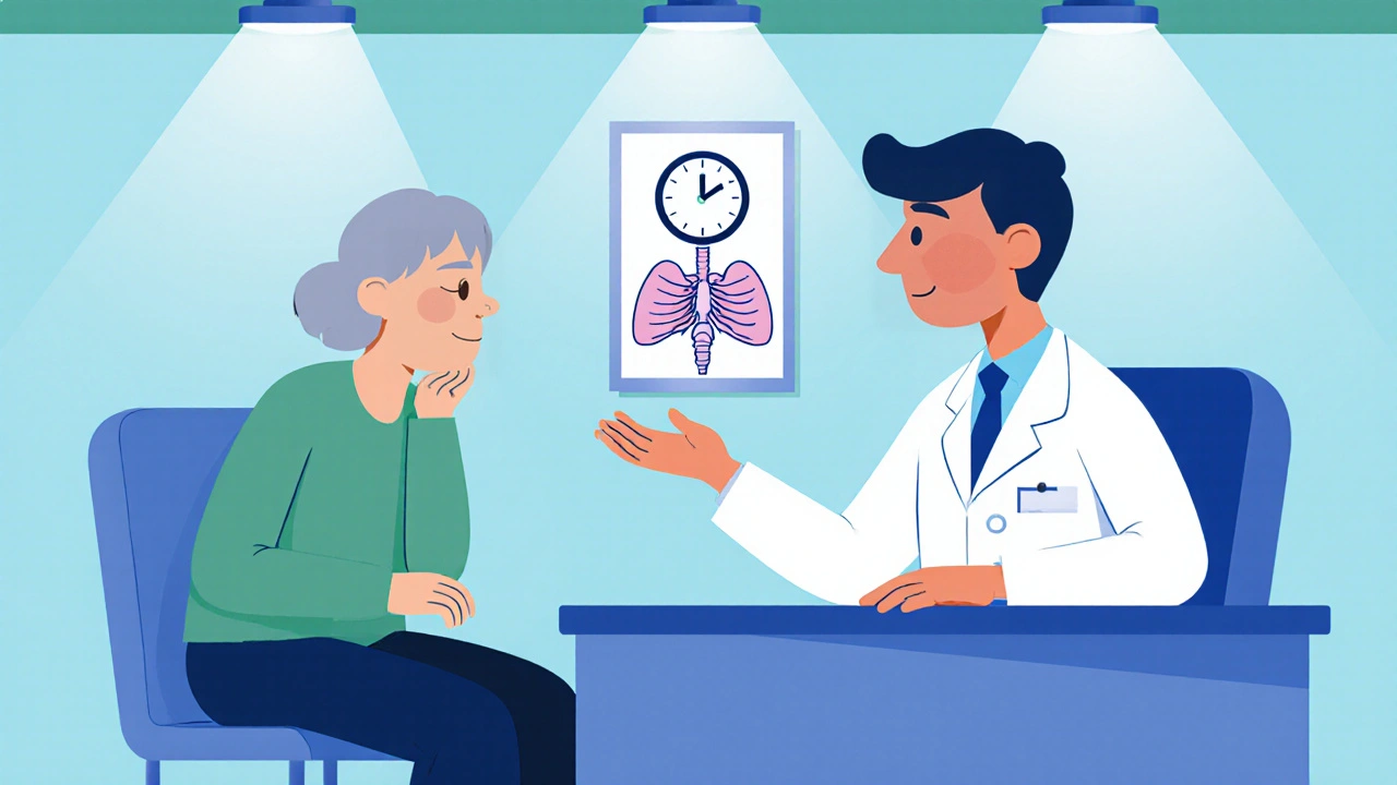 Adult consults a doctor in a clinic about persistent hiccups.