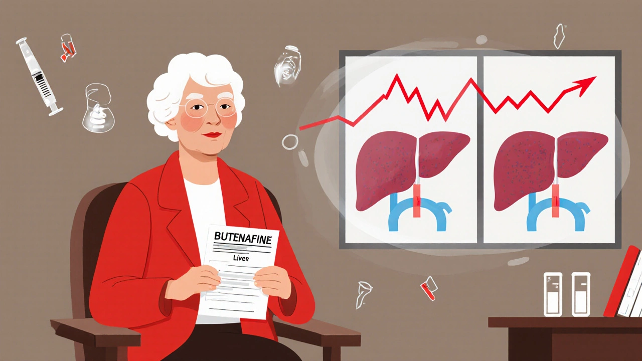 An elderly woman in a doctor’s office, with a visual overlay showing her liver enzyme levels rising and then returning to normal.