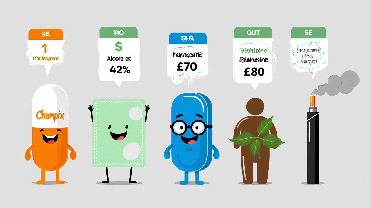 Cartoon comparison of five cessation methods: Champix pill, nicotine patch, Bupropion tablet, Cytisine leaf, and e‑cigarette.