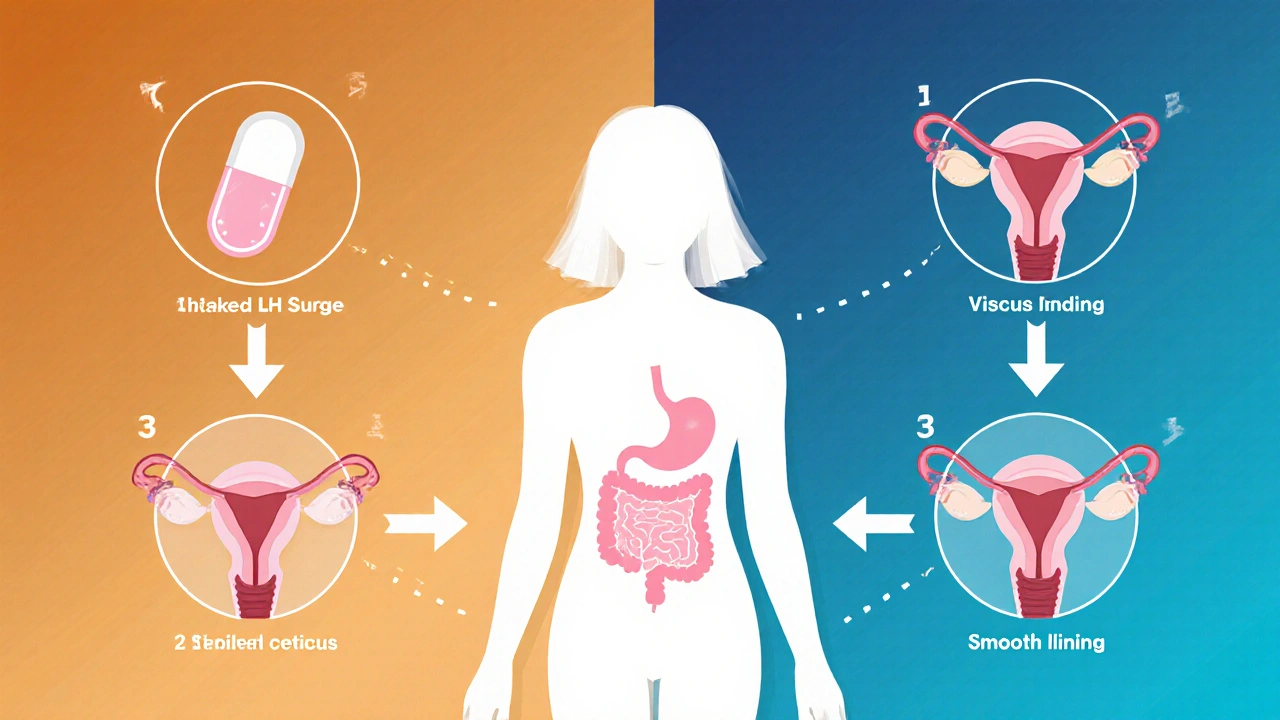 Cartoon showing tablet traveling to uterus, breast, brain with arrows indicating hormone actions.