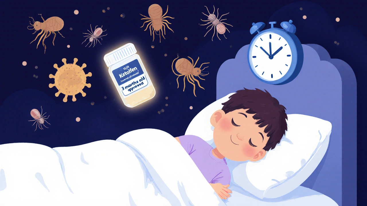 Child sleeping peacefully as allergens drift away, with a glowing Ketotifen pill nearby, symbolizing long-term allergy control.