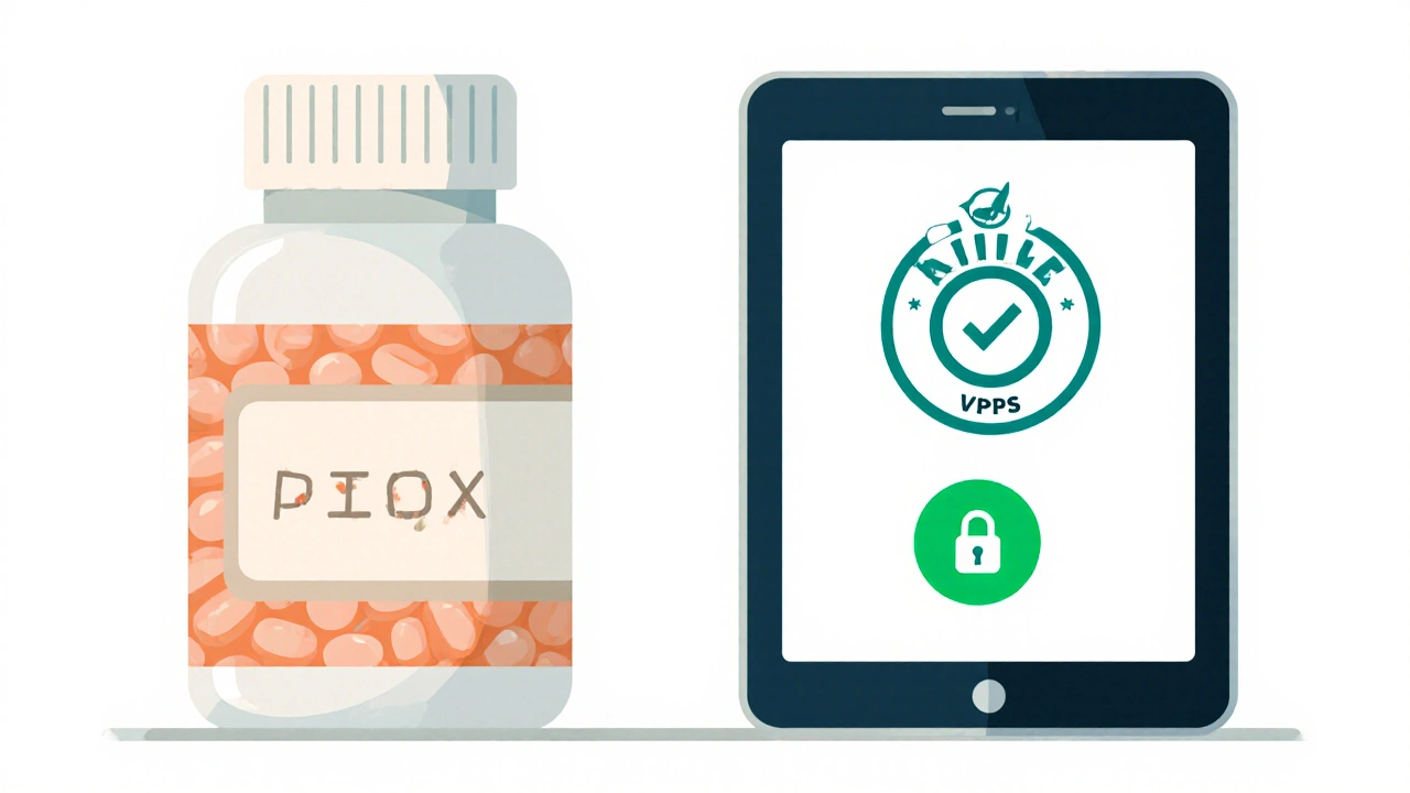 Closeâup of doxycycline bottle with pill imprint and verification icons on tablet.