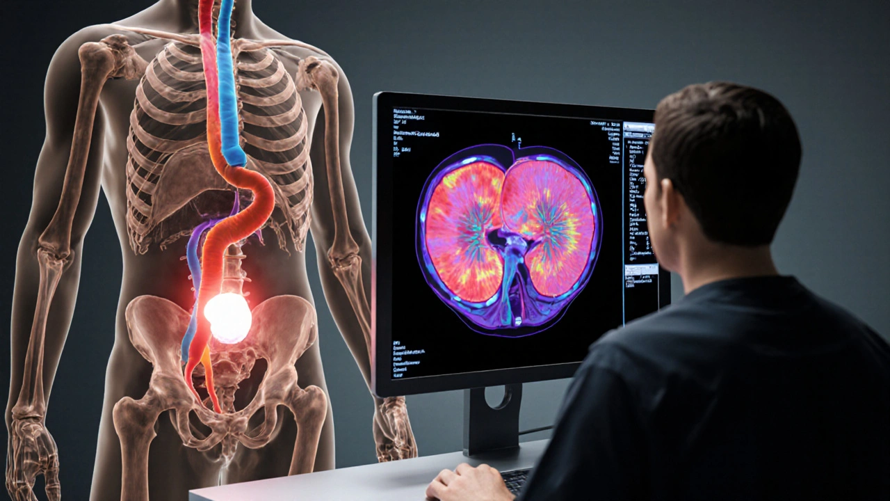 CT scan visualization of abdomen highlighting kidneys, ureters, bladder, and a bright stone.