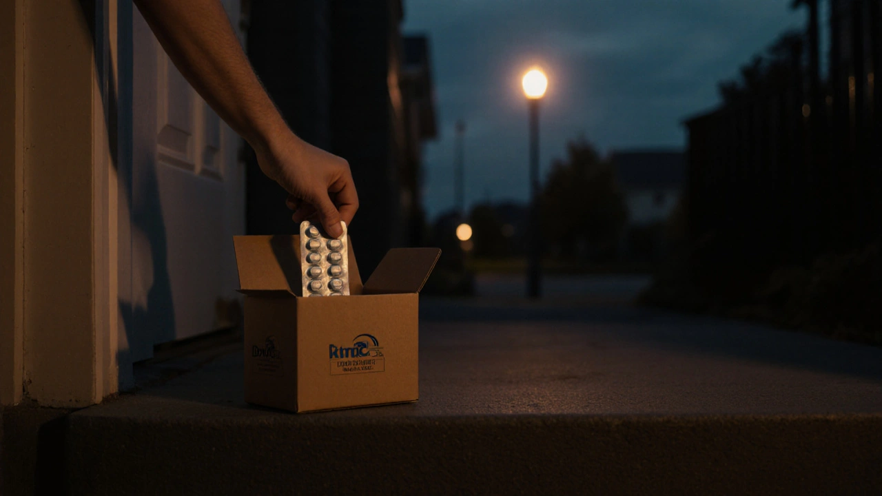 Delivery box on porch with opened blister pack of doxycycline tablets at dusk.