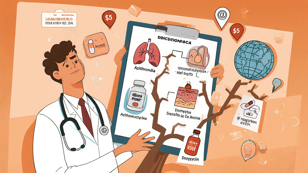 Doctor holding a decision‑tree clipboard showing antibiotic choices for various infections.