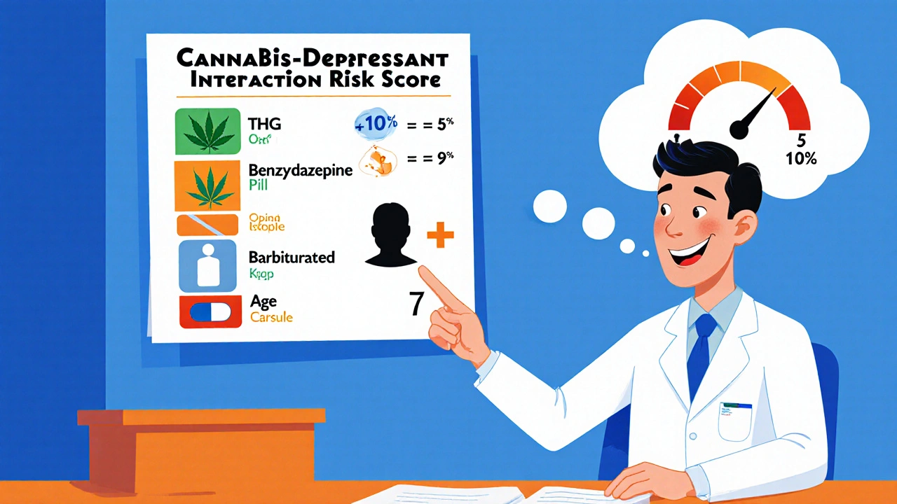 Doctor reviewing a risk score chart with icons for THC, pills, and age, highlighting high risk.