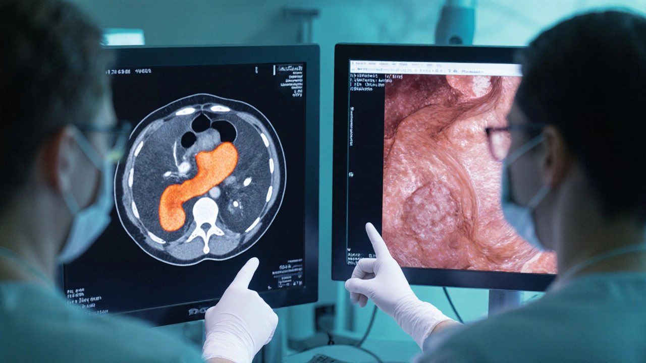 Doctor reviewing CT scan of pancreas and endoscopy of esophagus in a clinical setting.