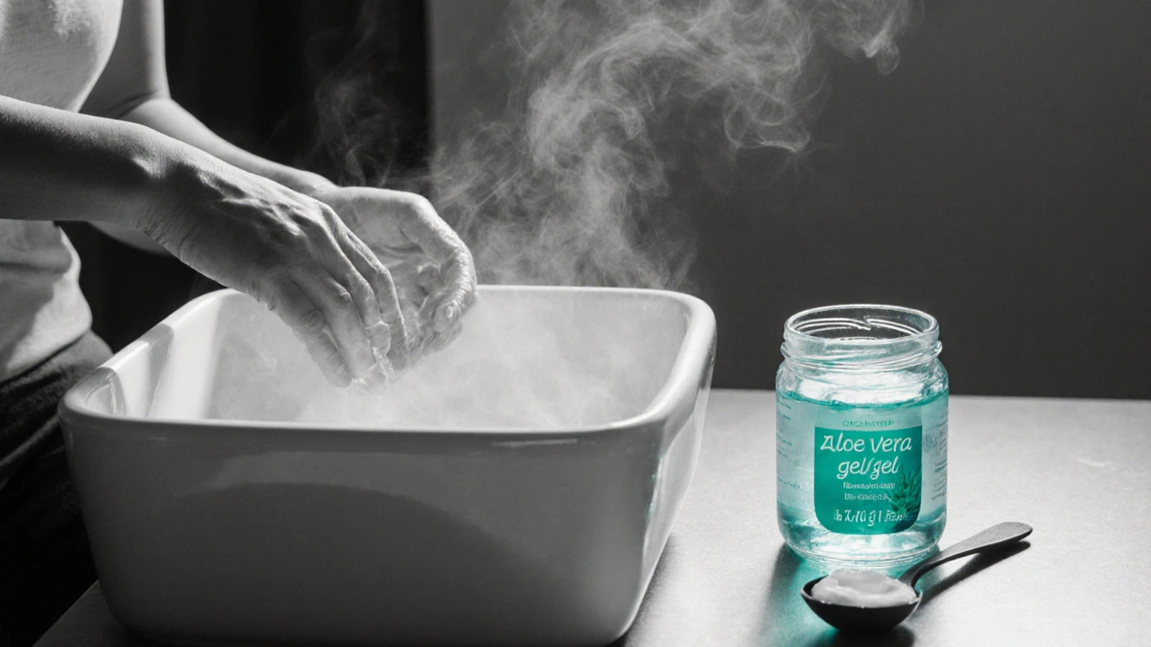 Duotone bathroom scene showing a sitz bath with aloe gel and coconut oil being applied.