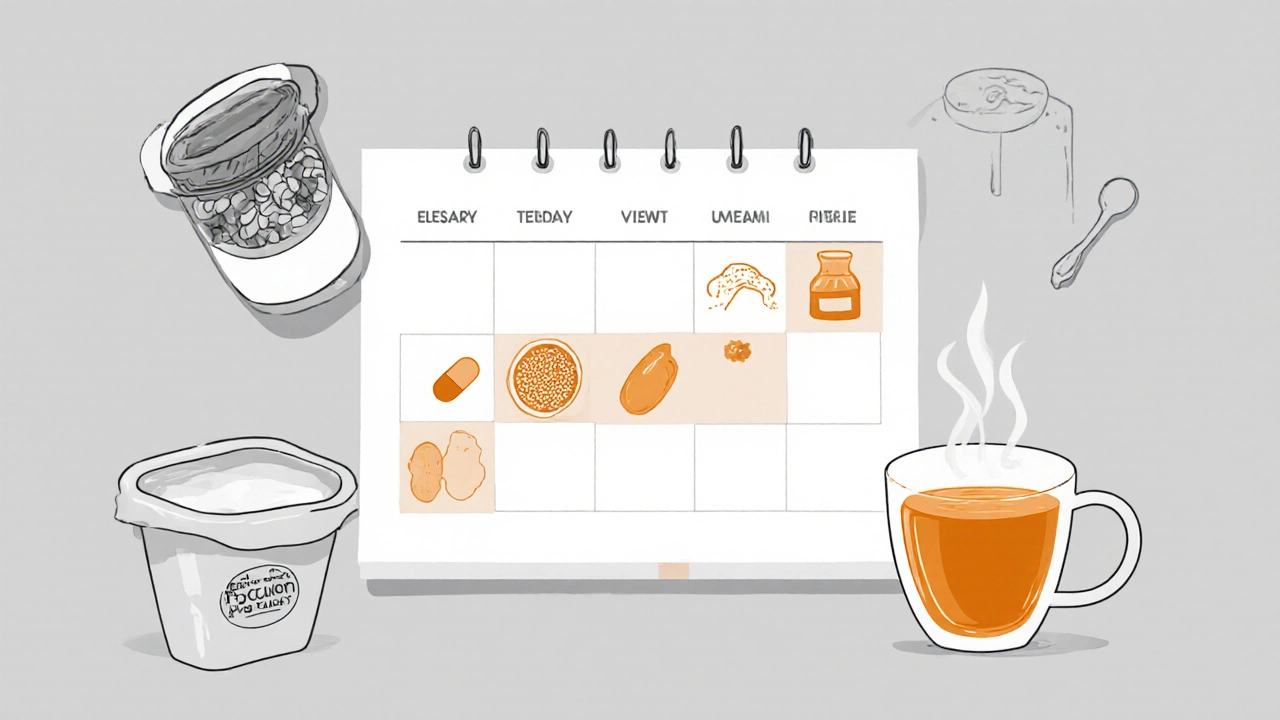 Duotone collage of a two‑week natural remedy plan with icons for yogurt, capsule, psyllium, and tea.