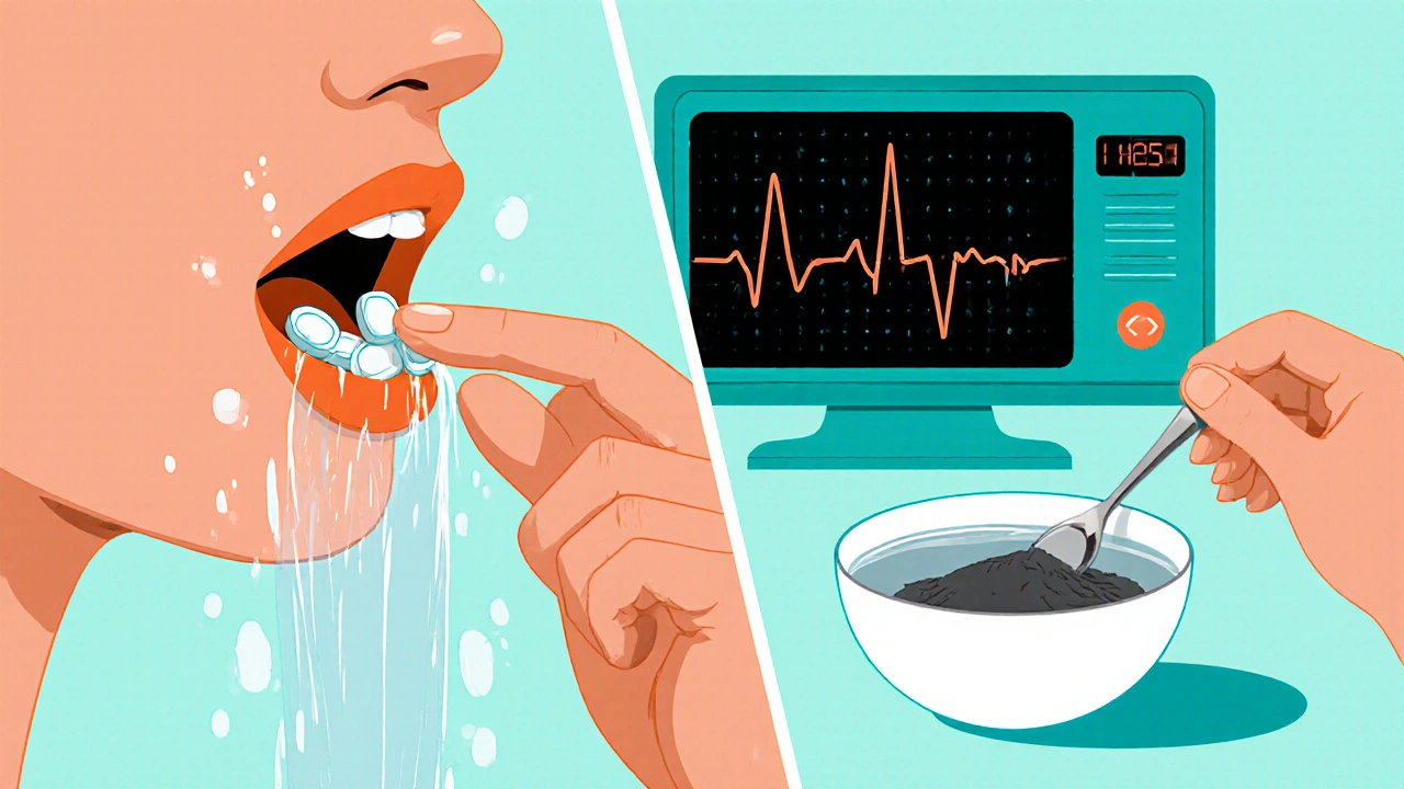 First‑aid steps: removing tablets, rinsing mouth, activated charcoal, and ECG monitor.