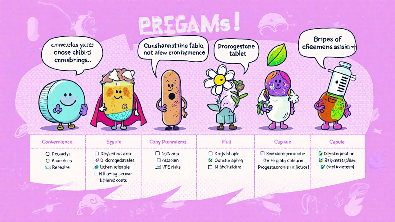 Five progestin cartoon characters each displaying a benefit in speech bubbles beside a checklist.