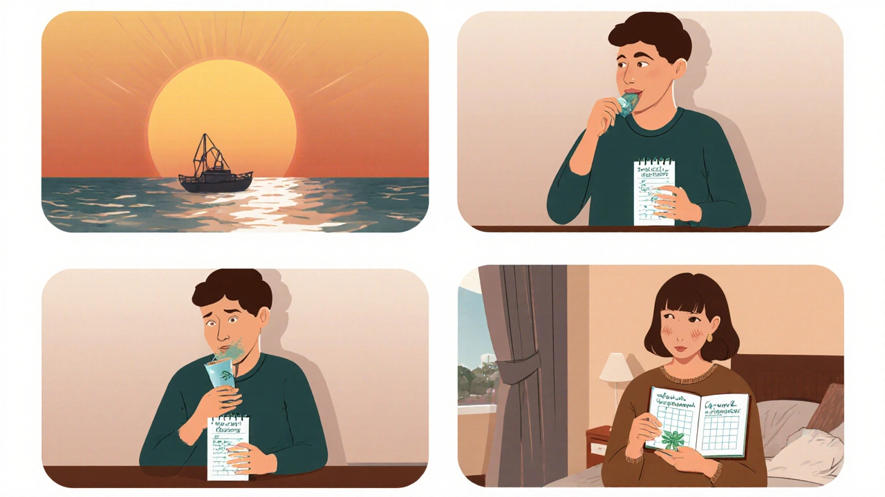 Four‑panel routine: capsule morning, capsule dinner, tea evening, happy diary.