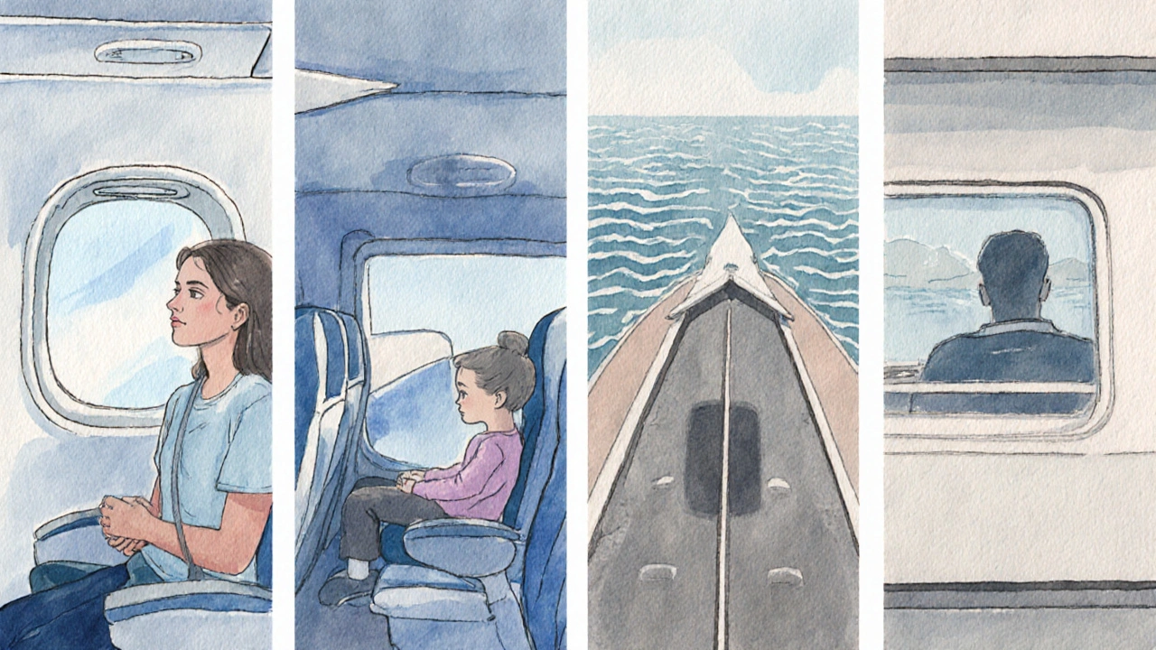 Four watercolor panels illustrate optimal seats on plane, car, boat, and train.