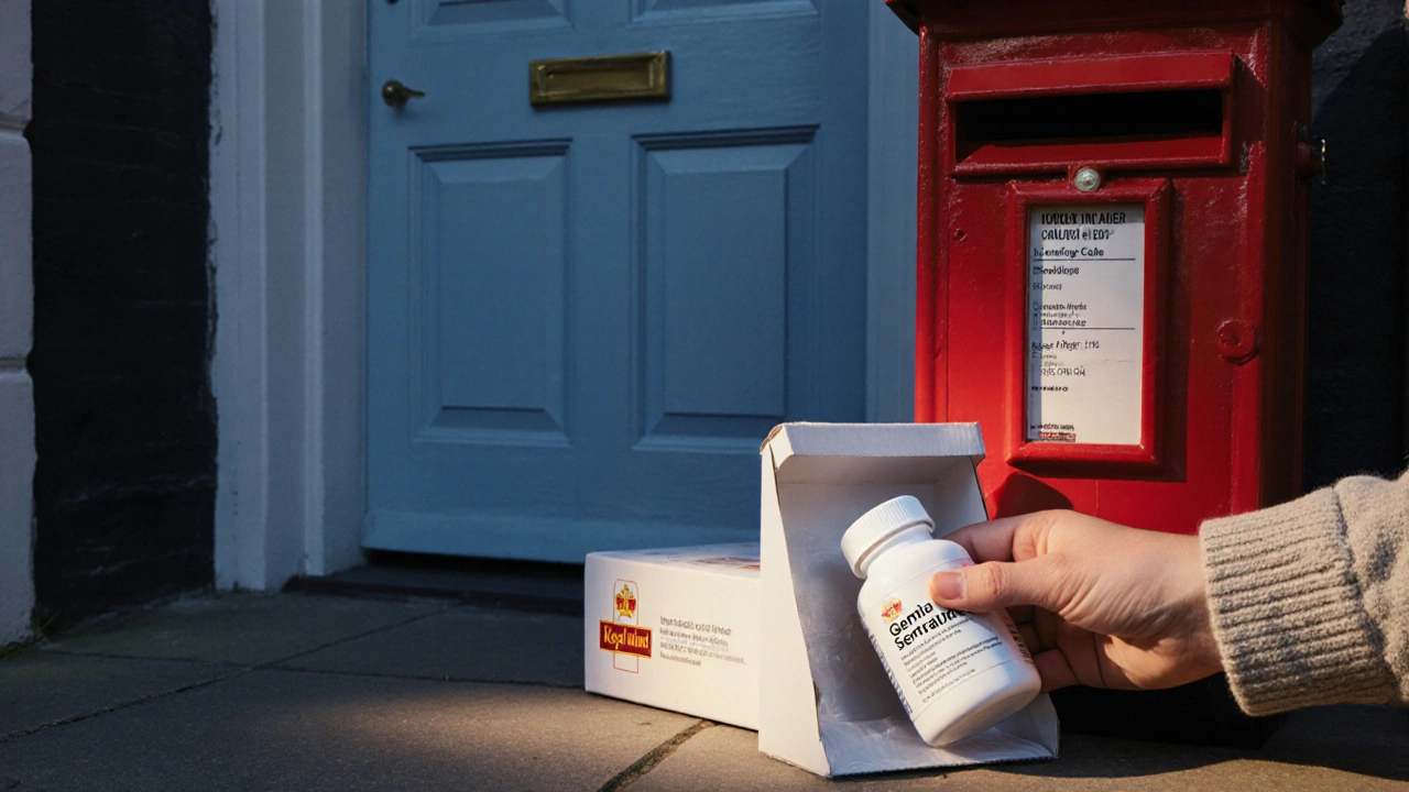 Hand checking a delivered bottle of generic sertraline tablets on a UK doorstep.