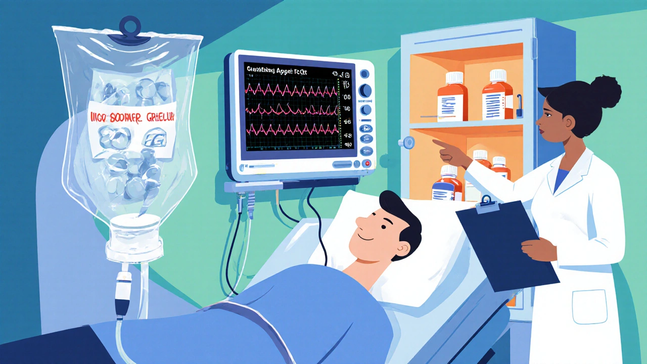 Hospital monitoring with IV sodium bicarbonate and child‑proof medication storage.