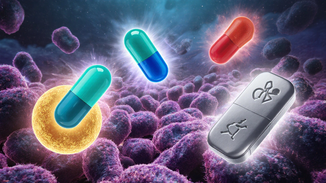 Illustrated antibiotic icons targeting different bacteria in a microscopic scene.