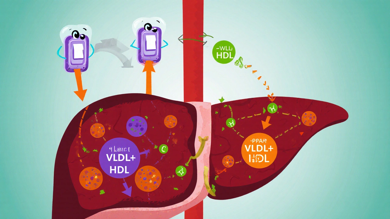 Illustrated liver showing PPAR‑α activating breakdown of triglycerides into HDL.