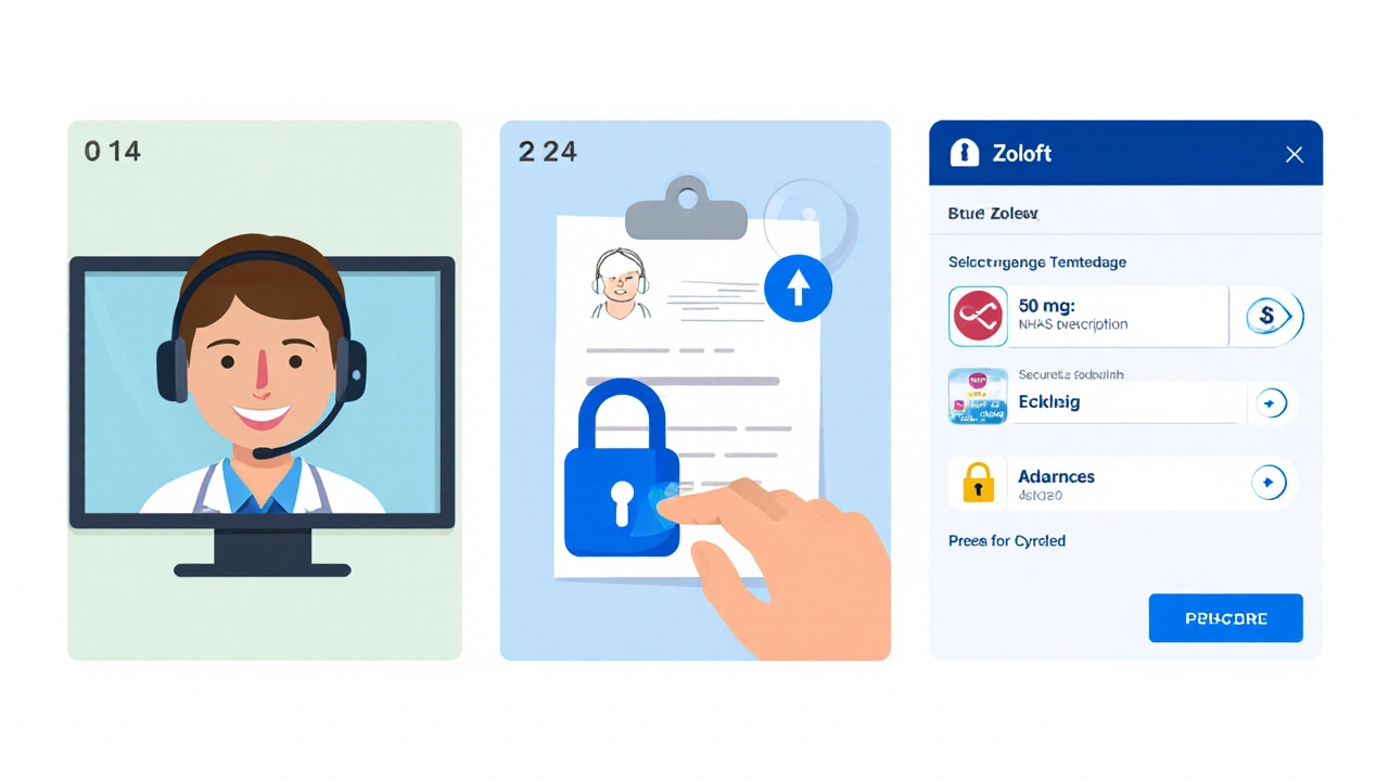 Illustrated three‑step guide: video doctor consult, upload prescription, secure payment.