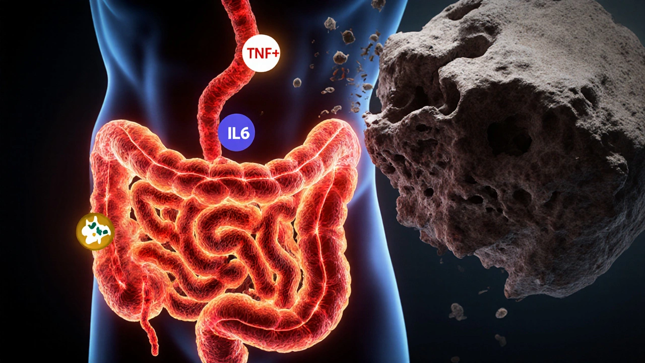 Inflamed gut releasing cytokines that activate bone‑resorbing cells.