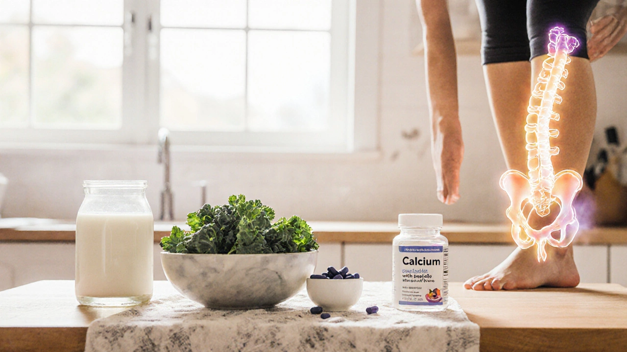 Kitchen scene with calcium‑rich foods, probiotics, and exercise promoting bone health.