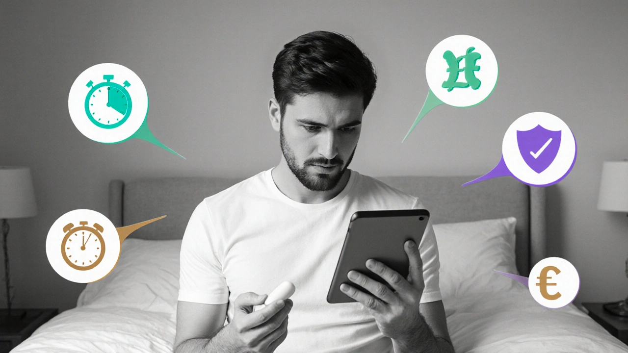 Man choosing between softgel and tablet with icons for onset, duration, cost, and prescription.