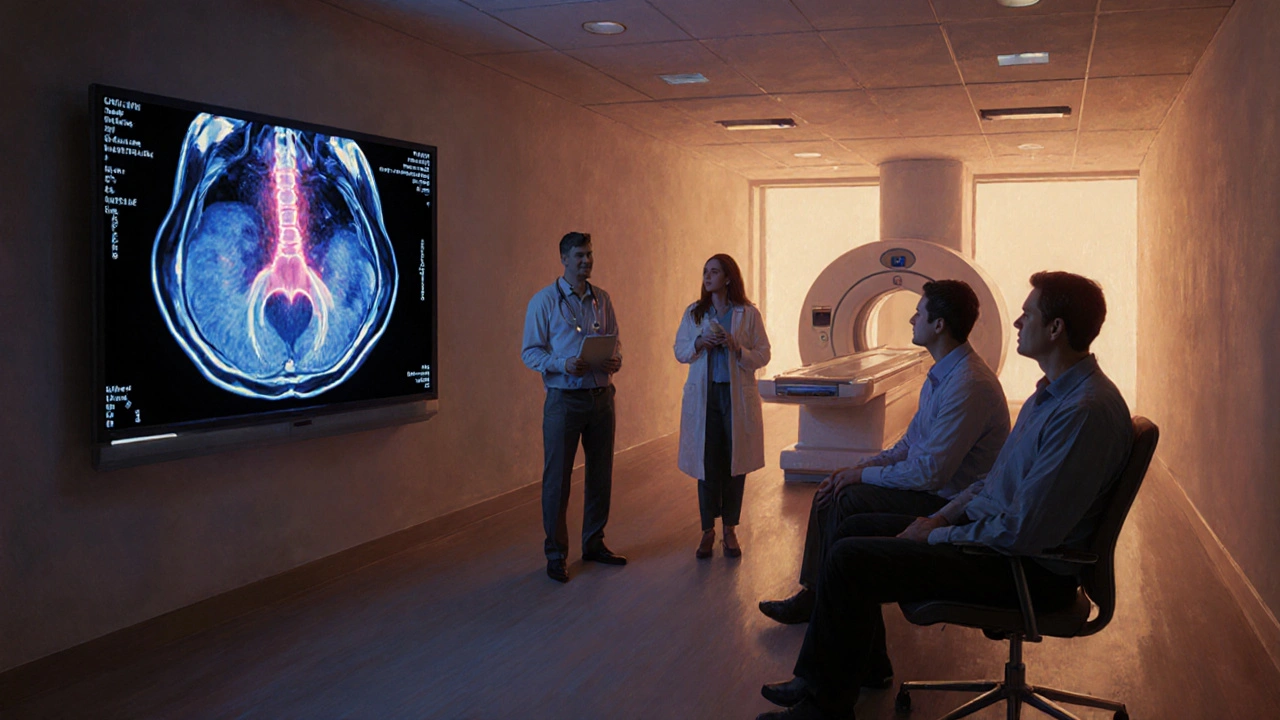 Medical team reviewing MRI images of prostate and spine in a collaborative setting.