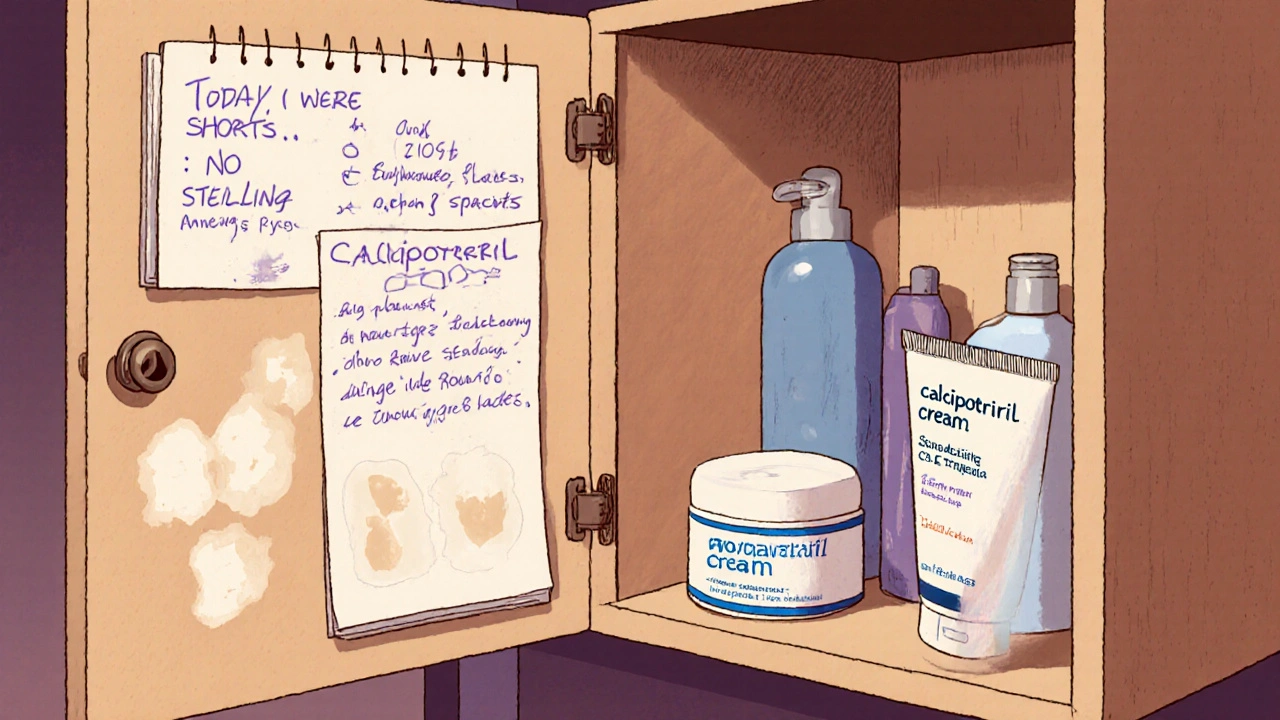 Medicine cabinet with calcipotriol, phototherapy device, and journal showing daily progress notes.