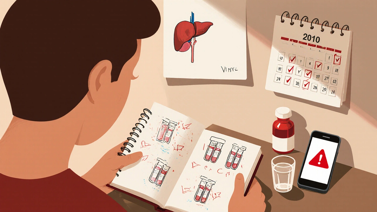 Patient at home checking a notebook of lab dates with a phone alert for doctor contact.