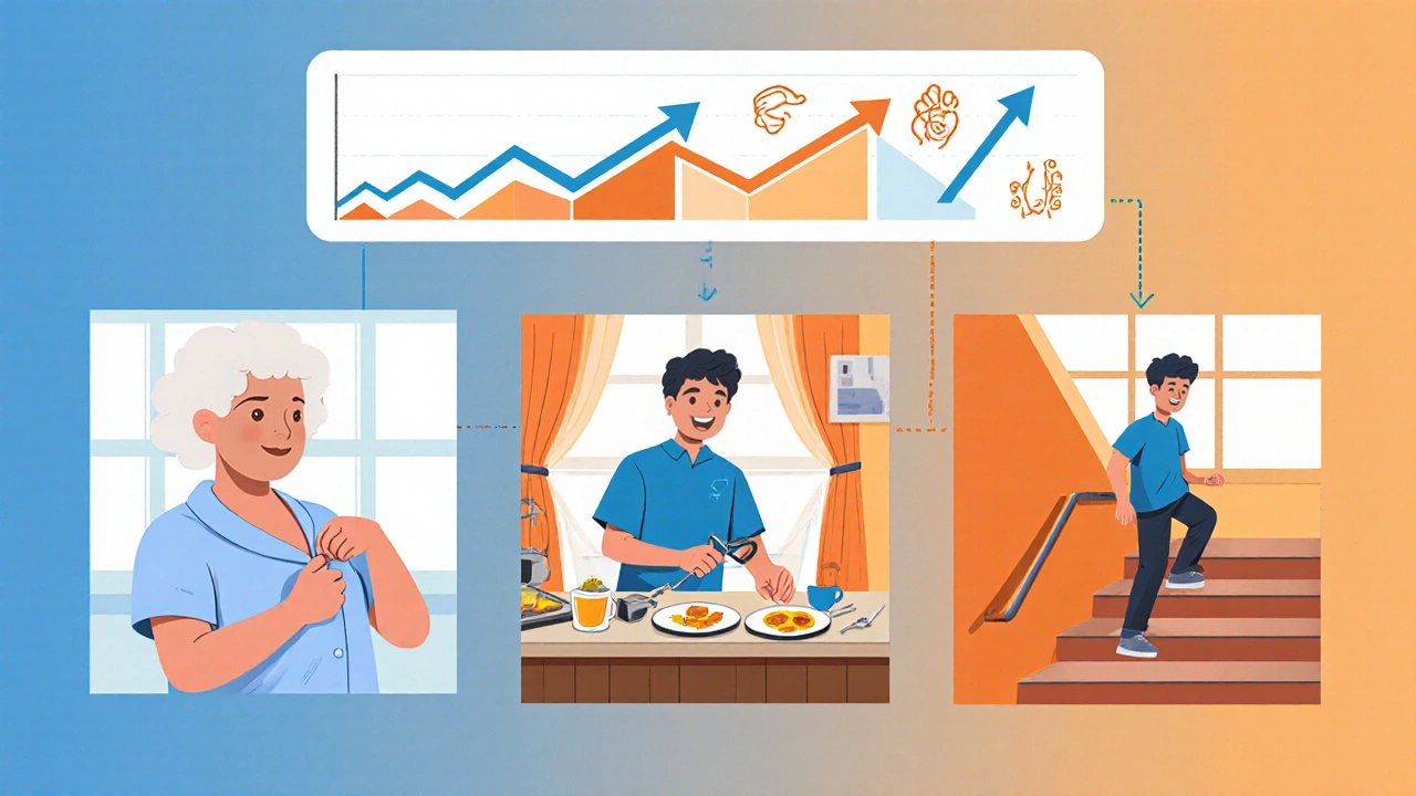 Patient confidently buttoning a shirt, cooking breakfast, and climbing stairs, showing regained independence.