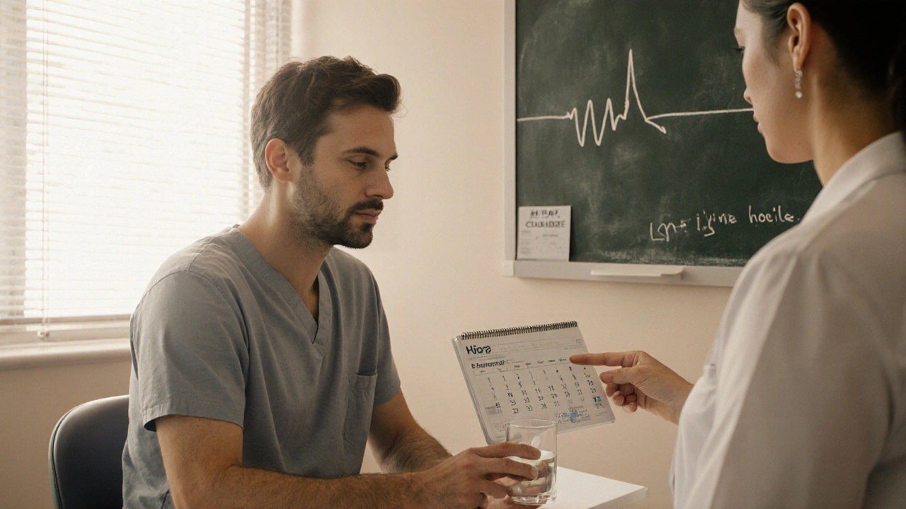 Patient holding Azithromycin DT tablet with water, calendar, and heart rhythm hint in exam room.