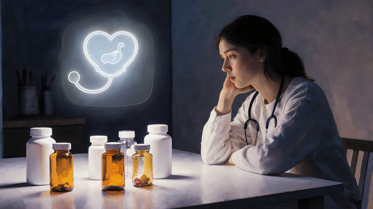 Person at a table reviewing various medication bottles with health icons above.