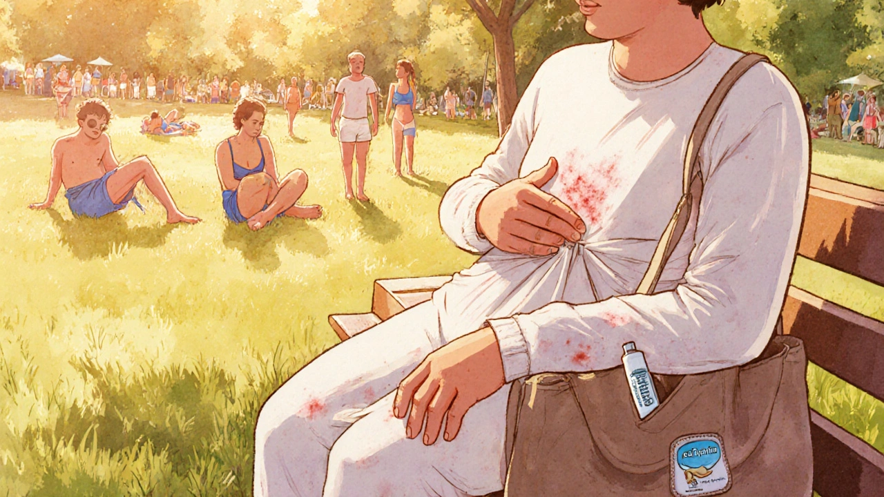 Person in long sleeves sitting alone in a sunny park while others enjoy summer clothing.