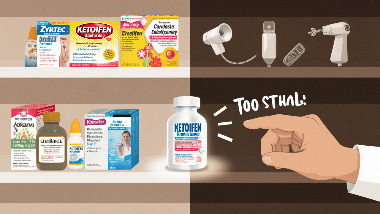 Pharmacy shelf showing common allergy meds versus a quiet Ketotifen bottle, highlighted as a balanced middle-ground option.