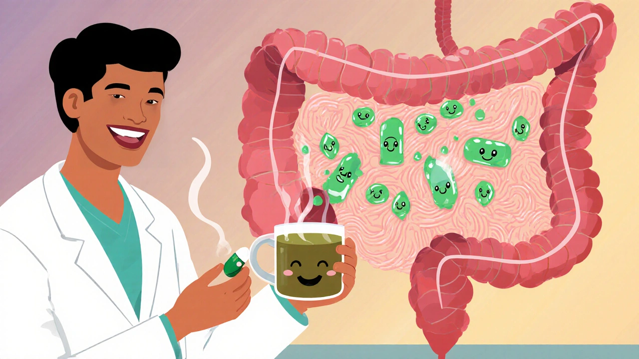 Researcher with peppermint capsule and tea, menthol molecules soothing gut receptors.