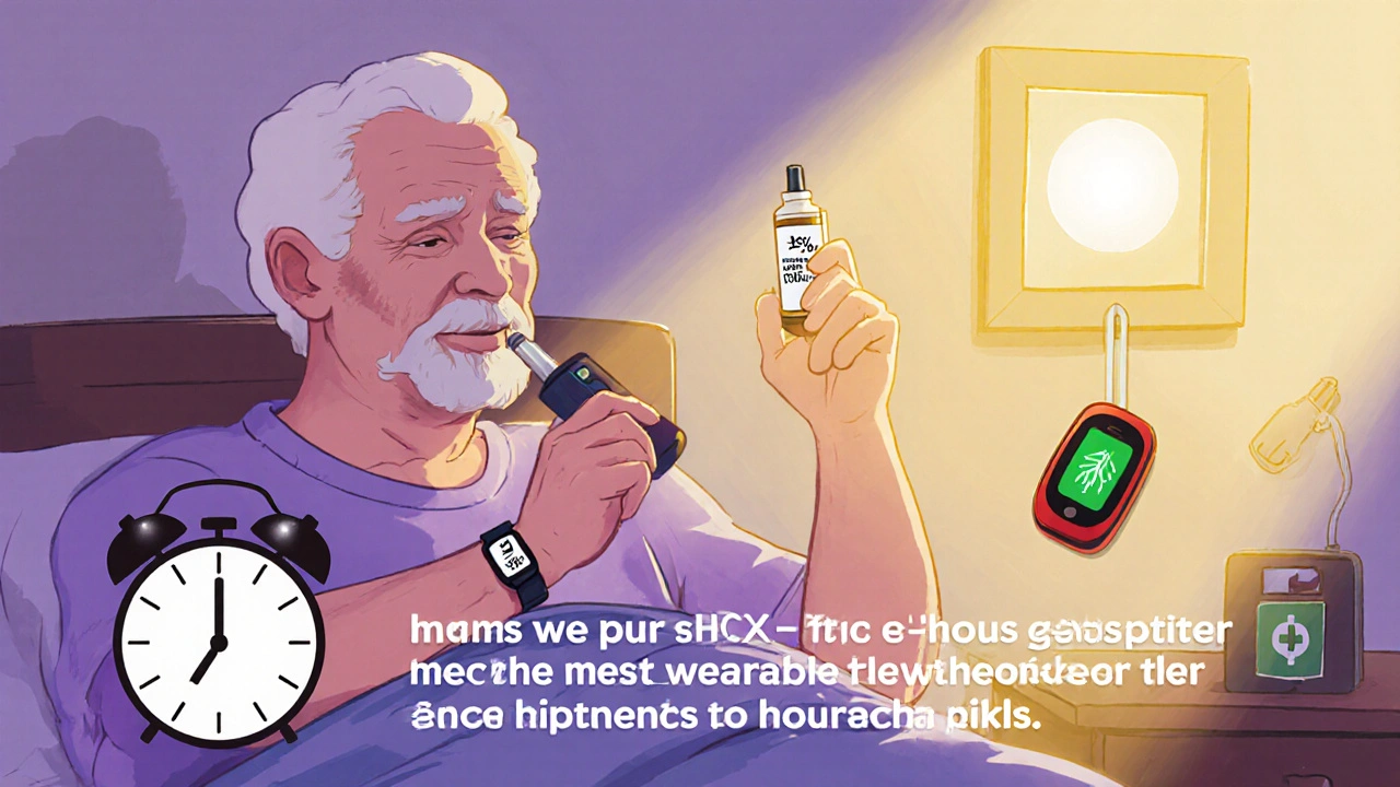 Senior using low‑THC vape, pulse‑oximeter, and emergency phone, illustrating safety steps.