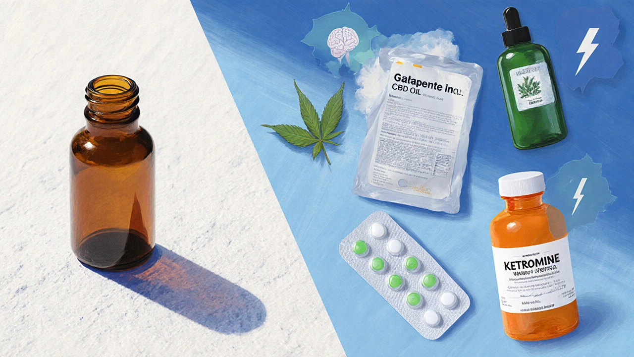 Split view comparing LDN capsule with CBD oil, gabapentin, ketamine IV, and ibuprofen.