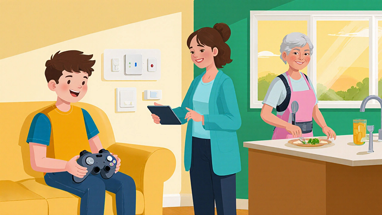 Therapist demonstrates adaptive tools while a teen plays video games and an adult cooks safely.