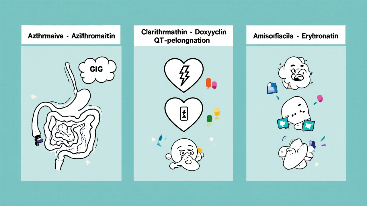 Three-panel cartoon comparing GI, heart, and allergy side effects of common antibiotics.
