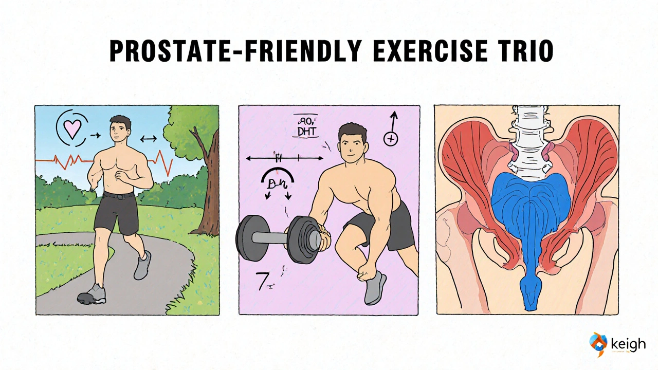 Three panels: walking, weightlifting, and pelvic‑floor Kegels for prostate health.