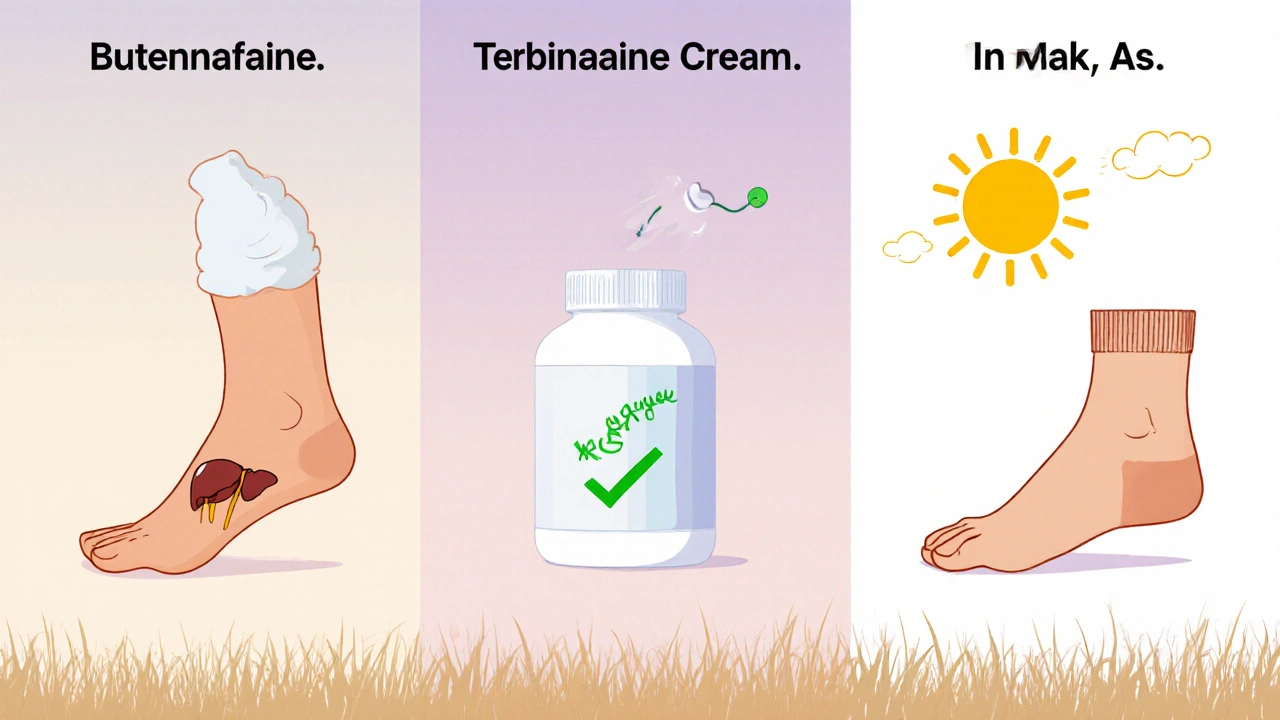 Three side-by-side antifungal treatment options: cream, alternative cream, and hygiene methods, illustrated as simple symbols of safety.