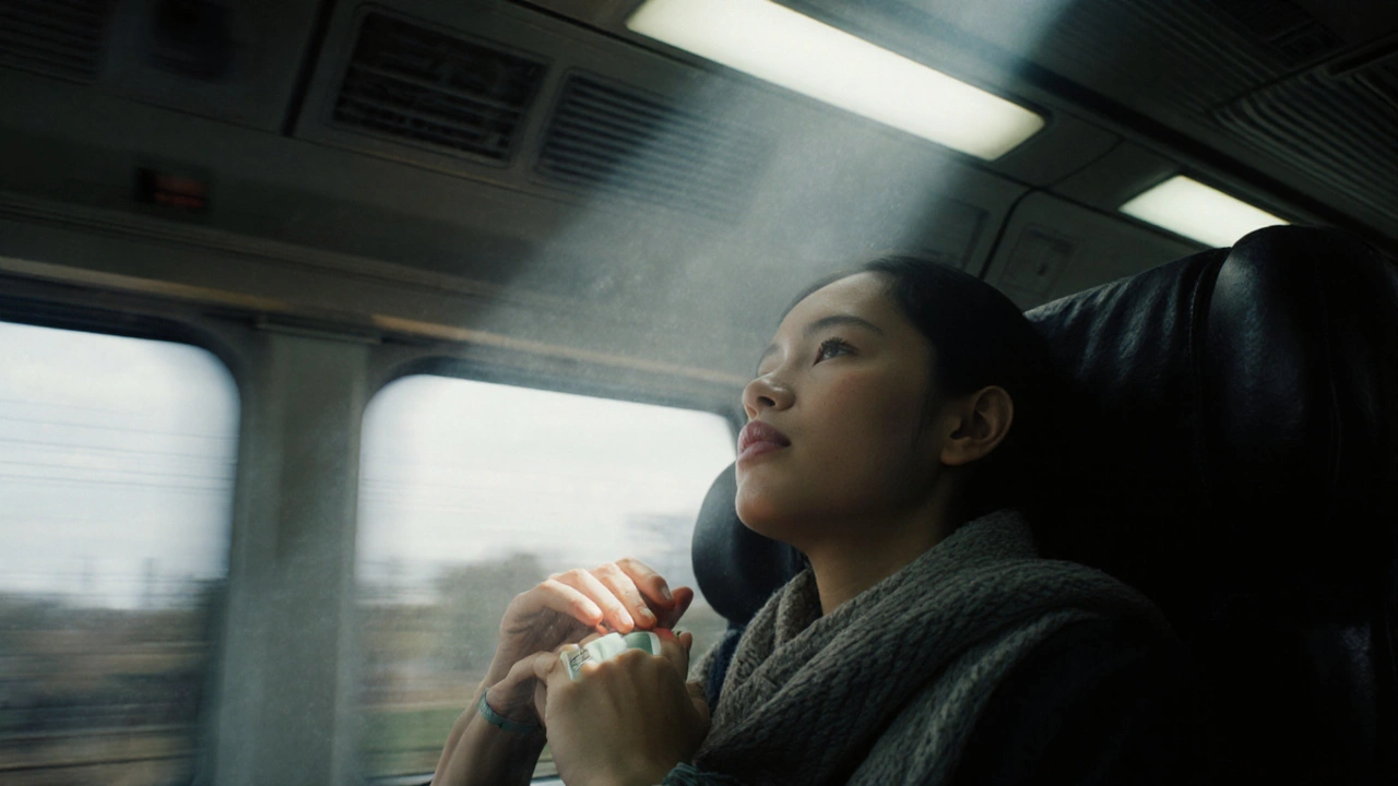 Traveler in train practicing breathing with wristband, vent airflow, and blurred window view.