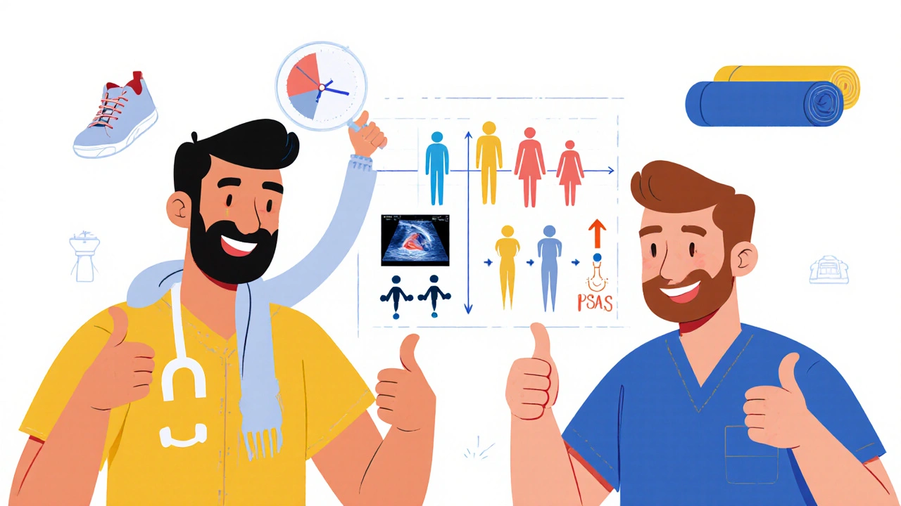 Two men celebrating reduced nighttime bathroom trips with doctor showing lower PSA.